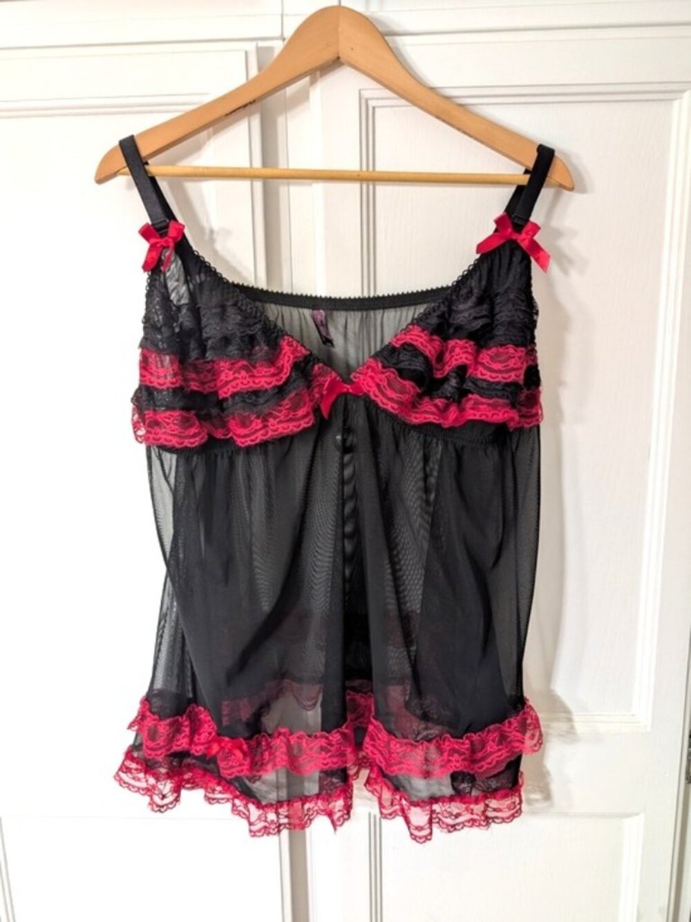 NWOT Black Fuchsia Y2K Red/Black Mesh Lingerie Top With Lace Ruffle 3X
